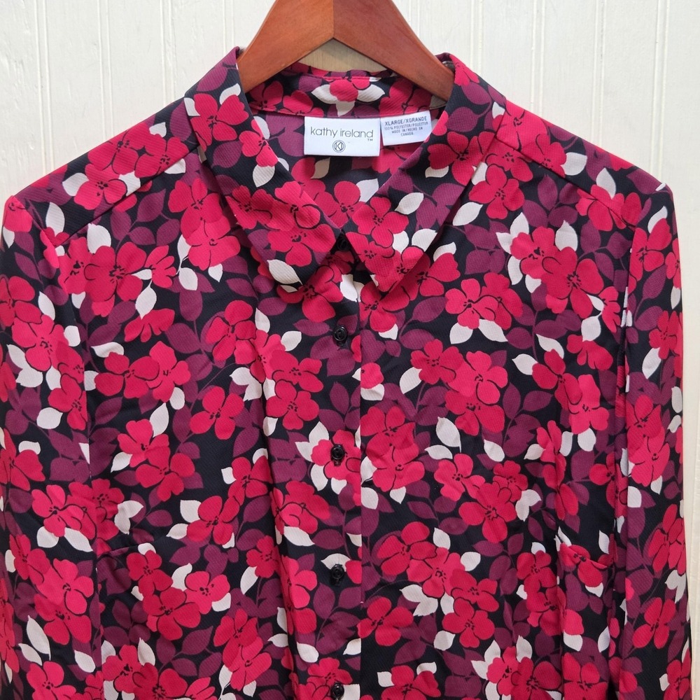 Kathy Ireland Button Up Shirt Womens XL Pink Collared Long Sleeve Floral Top